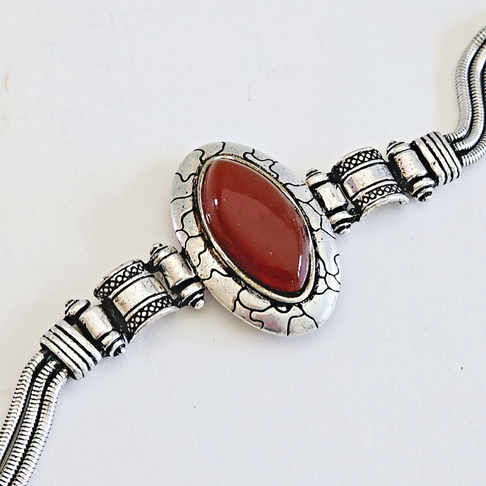 Chunky Bracelet Brown Stone Silvertone Aztec Southwestern Boho Tribal Statement